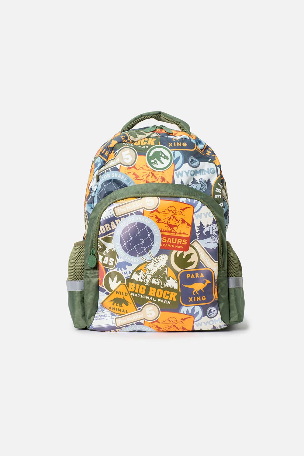MORRAL DE JURASSIC 16.5"  VERDE Y NARANJA PARA NIÑO