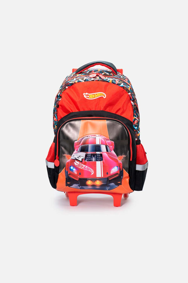 MORRAL DE HOT WHEELS 16.5" CON RUEDAS ROJO Y NEGRO PARA NIÑO