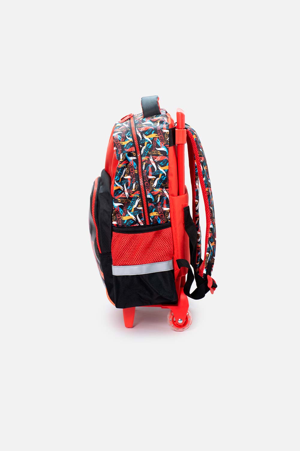 MORRAL DE HOT WHEELS 16.5" CON RUEDAS ROJO Y NEGRO PARA NIÑO