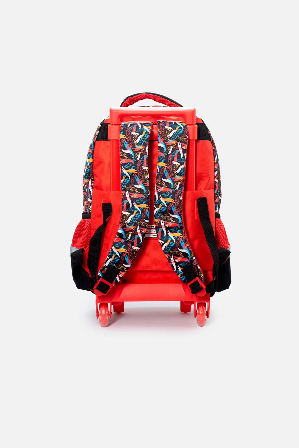 MORRAL DE HOT WHEELS 16.5" CON RUEDAS ROJO Y NEGRO PARA NIÑO