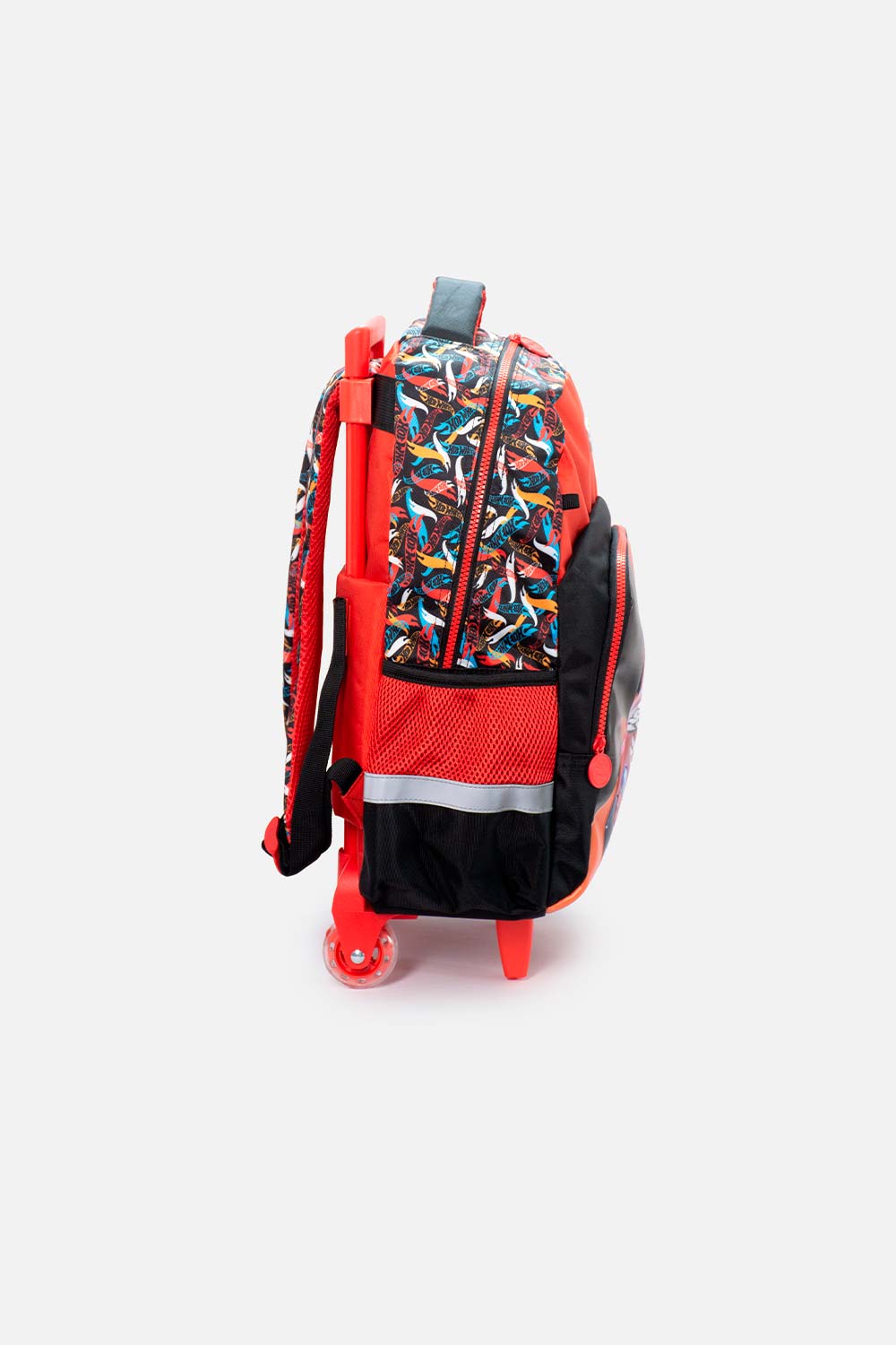 MORRAL DE HOT WHEELS 16.5" CON RUEDAS ROJO Y NEGRO PARA NIÑO