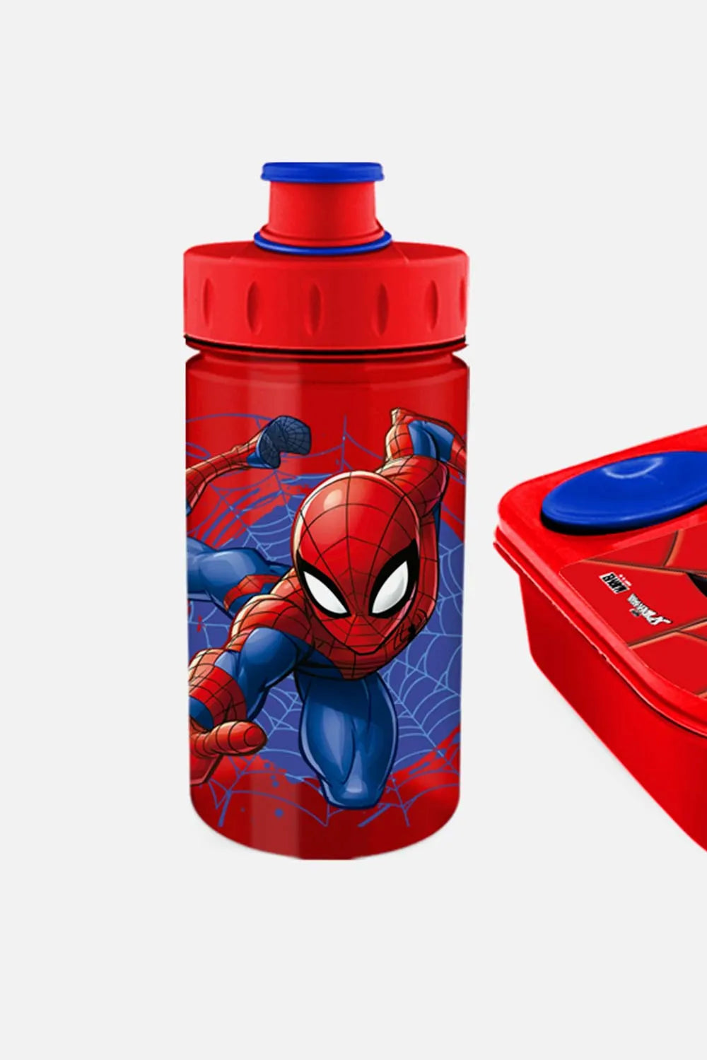 SET DE PORTA, CUBIERTO Y BOTELLA SPIDER-MAN ROJO Y AZUL