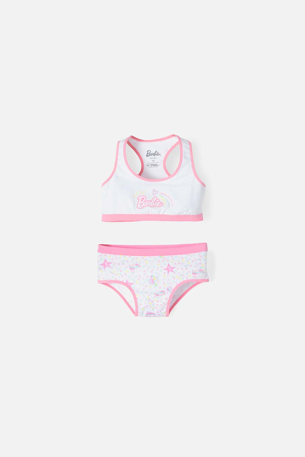 CONJUNTO DE TOP Y PANTY DE BARBIE BLANCO Y ROSADO PARA NIÑA