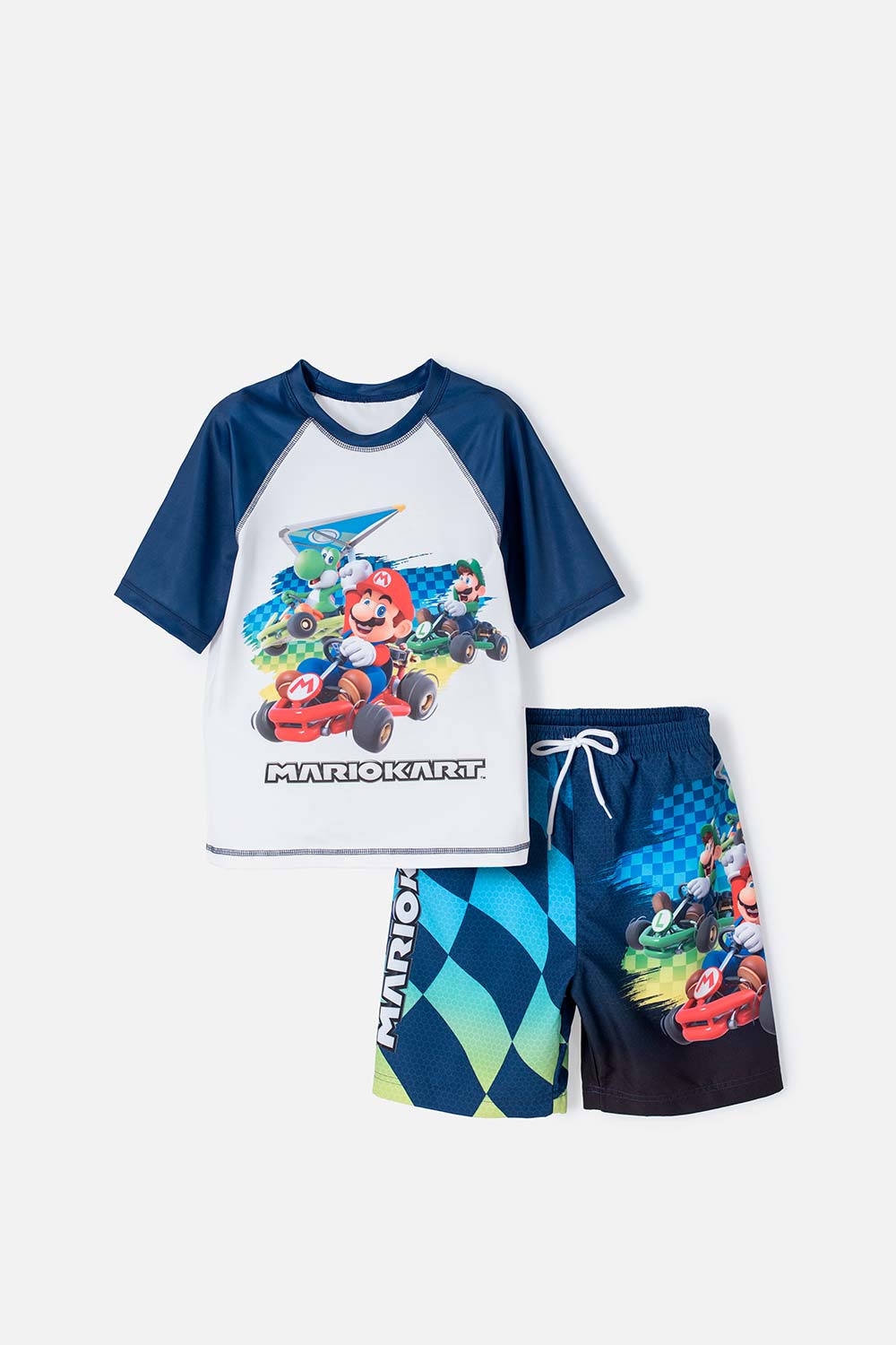 CONJUNTO DE BAÑO MARIO BROSS CON MANGA CORTA  BLANCO Y AZUL  PARA NIÑO