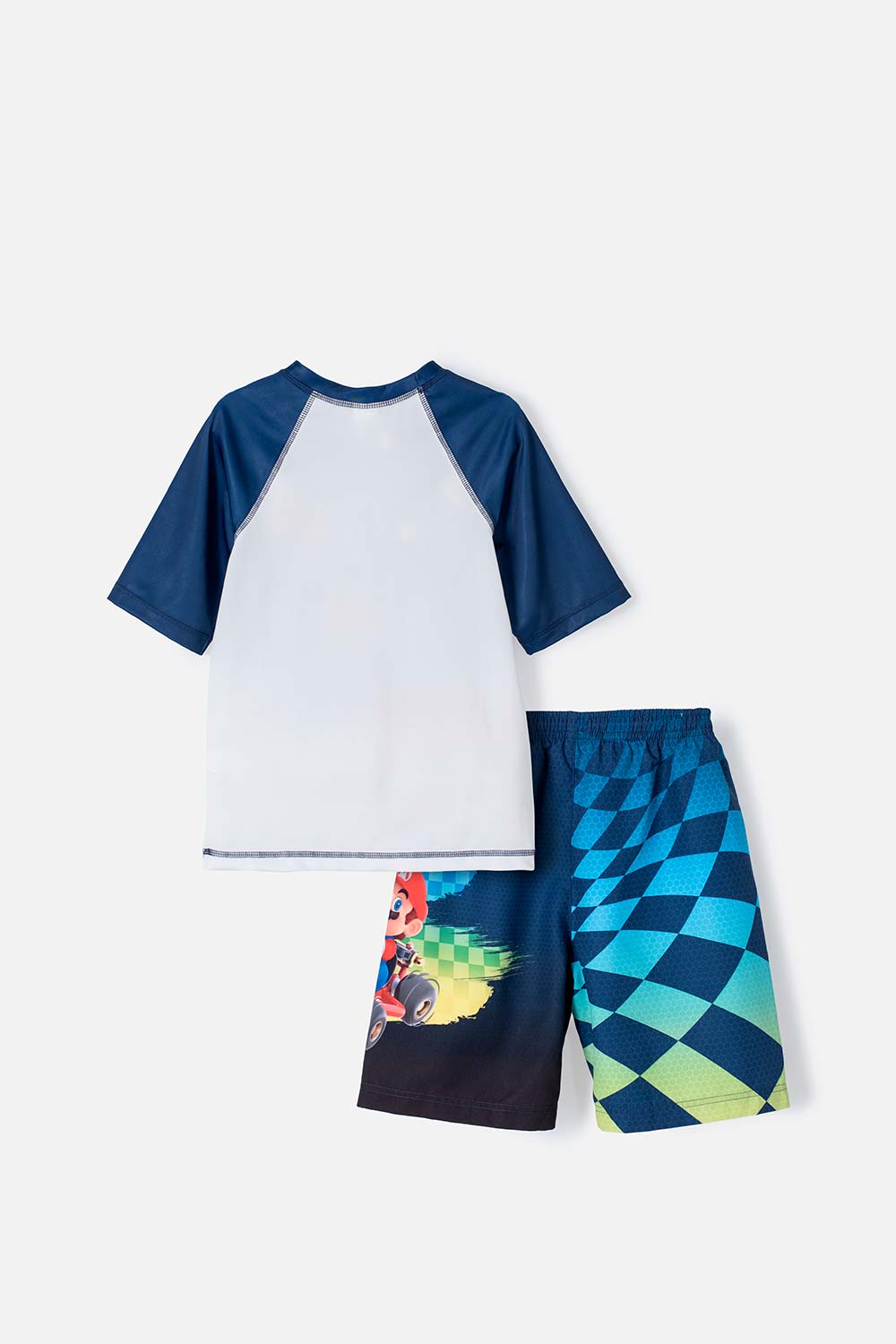 CONJUNTO DE BAÑO MARIO BROSS CON MANGA CORTA  BLANCO Y AZUL  PARA NIÑO