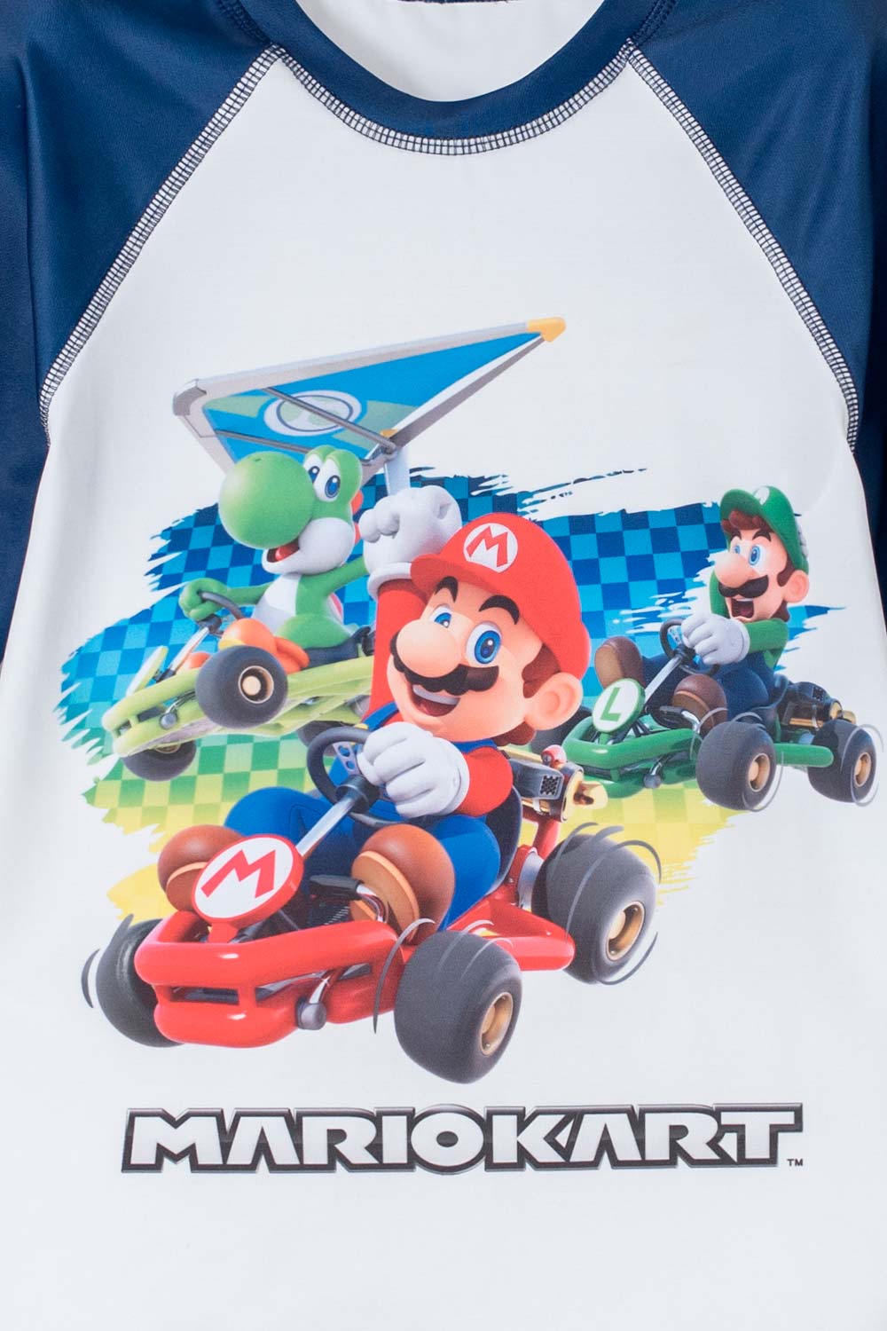 CONJUNTO DE BAÑO MARIO BROSS CON MANGA CORTA  BLANCO Y AZUL  PARA NIÑO