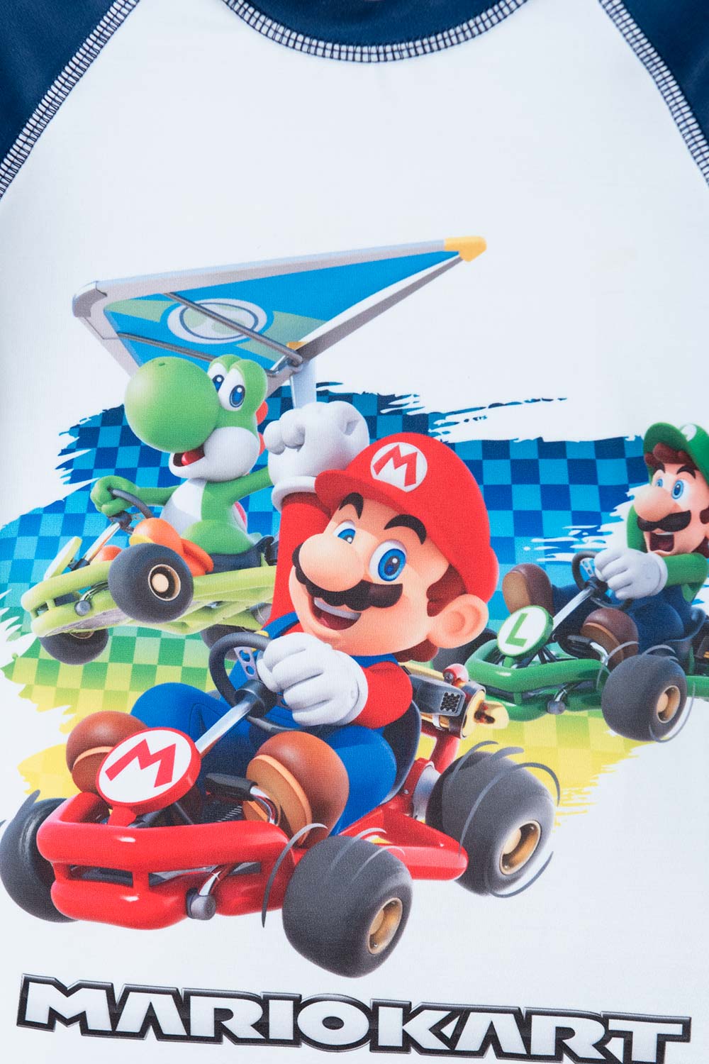 CONJUNTO DE BAÑO MARIO BROSS CON MANGA CORTA  BLANCO Y AZUL  PARA NIÑO