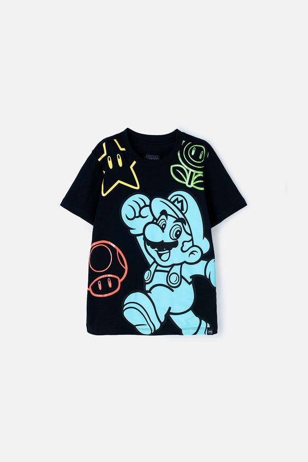 CAMISETA DE MARIO BROS NEGRA  MANGA CORTA PARA NIÑO