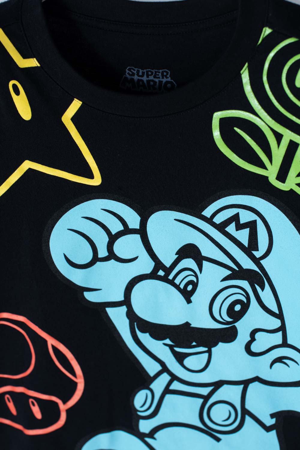 CAMISETA DE MARIO BROS NEGRA  MANGA CORTA PARA NIÑO