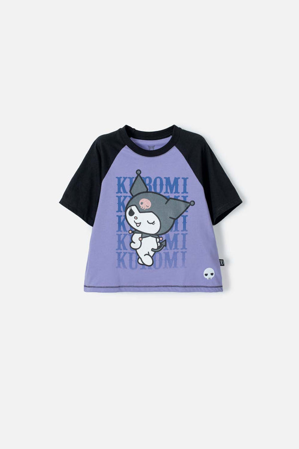 CAMISETA DE KUROMI LILA Y NEGRA ESTAMPADA EN FRENTE PARA NIÑA