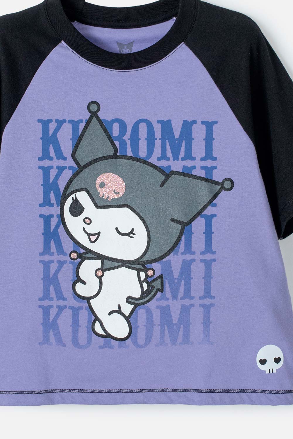 CAMISETA DE KUROMI LILA Y NEGRA ESTAMPADA EN FRENTE PARA NIÑA