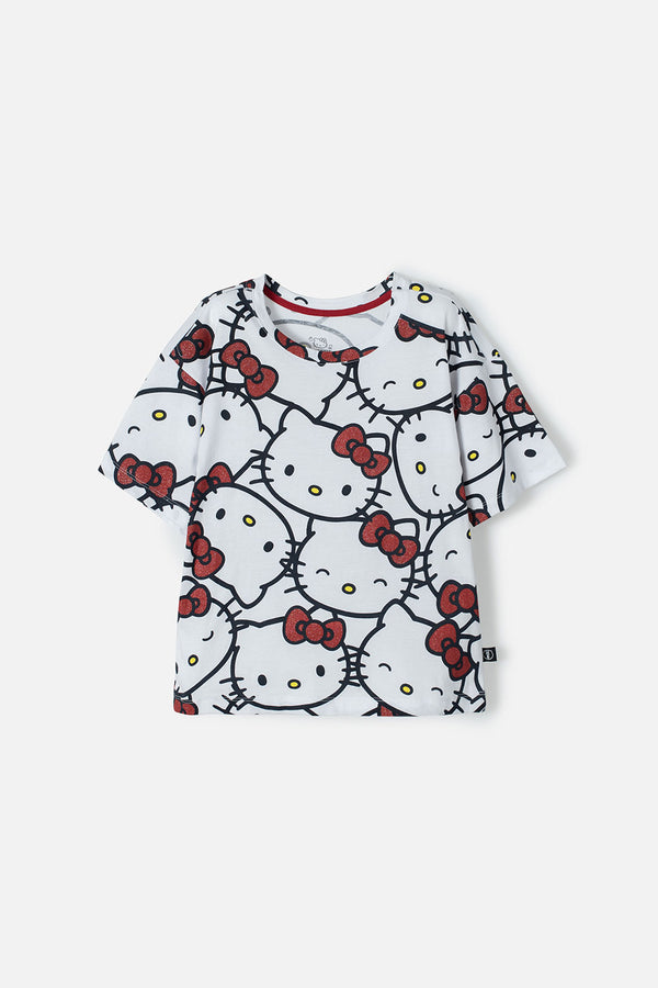 CAMISETA DE HELLO KITTY BLANCA Y ROJA MANGA CORTA PARA NIÑA