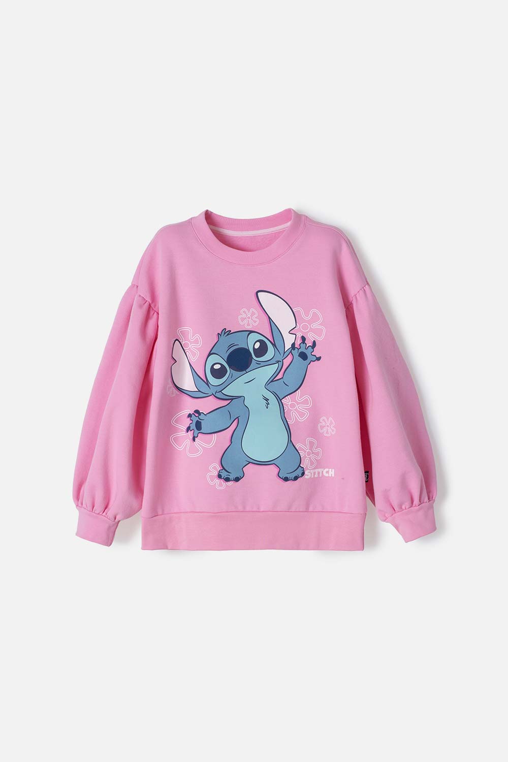 BUZO DE LILO Y STITCH ROSADO DE CUELLO REDONDO PARA NIÑA