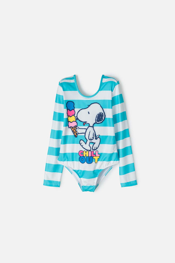 VESTIDO DE BAÑO DE SNOOPY BLANCO Y TURQUESA CON ESTAMPADO PARA NIÑA