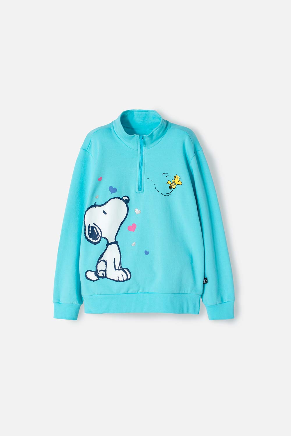 BUZO DE SNOOPY AZUL TURQUESA CON CIERRE EN CUELLO PARA NIÑA