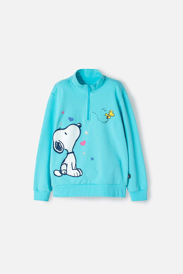 BUZO DE SNOOPY AZUL TURQUESA CON CIERRE EN CUELLO PARA NIÑA