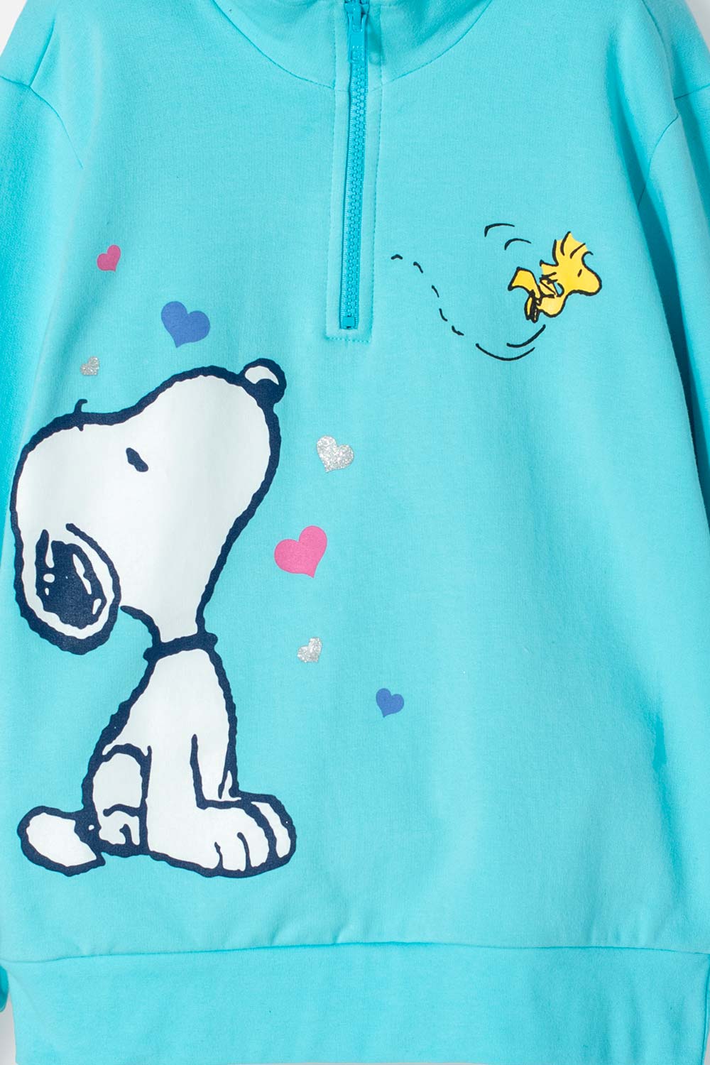 BUZO DE SNOOPY AZUL TURQUESA CON CIERRE EN CUELLO PARA NIÑA