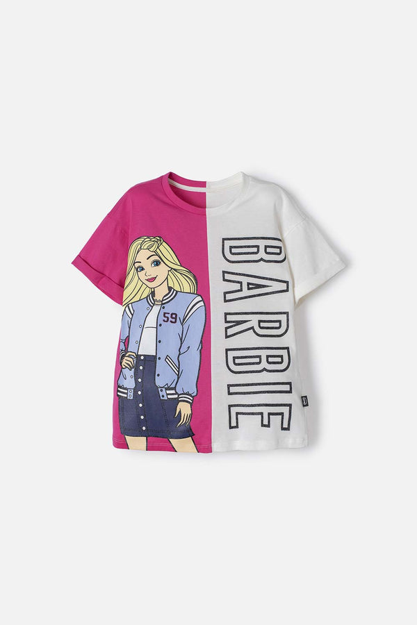 CAMISETA DE BARBIE FUCSIA Y MARFIL CON APLIQUES DE MIRELLA PARA NIÑA