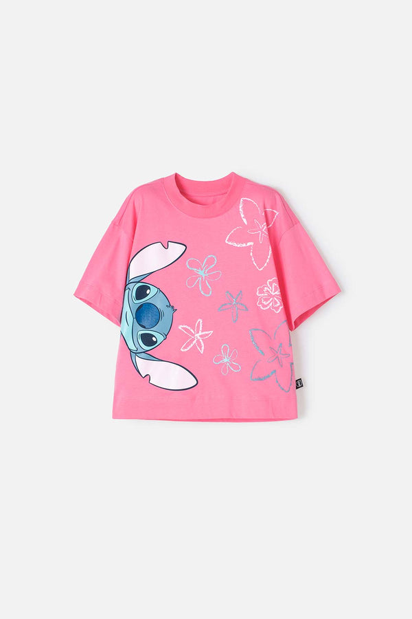 CAMISETA DE STITCH ROSADA MANGA CORTA PARA NIÑA