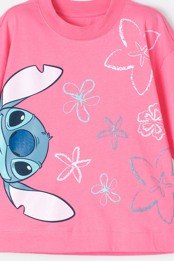 CAMISETA DE STITCH ROSADA MANGA CORTA PARA NIÑA