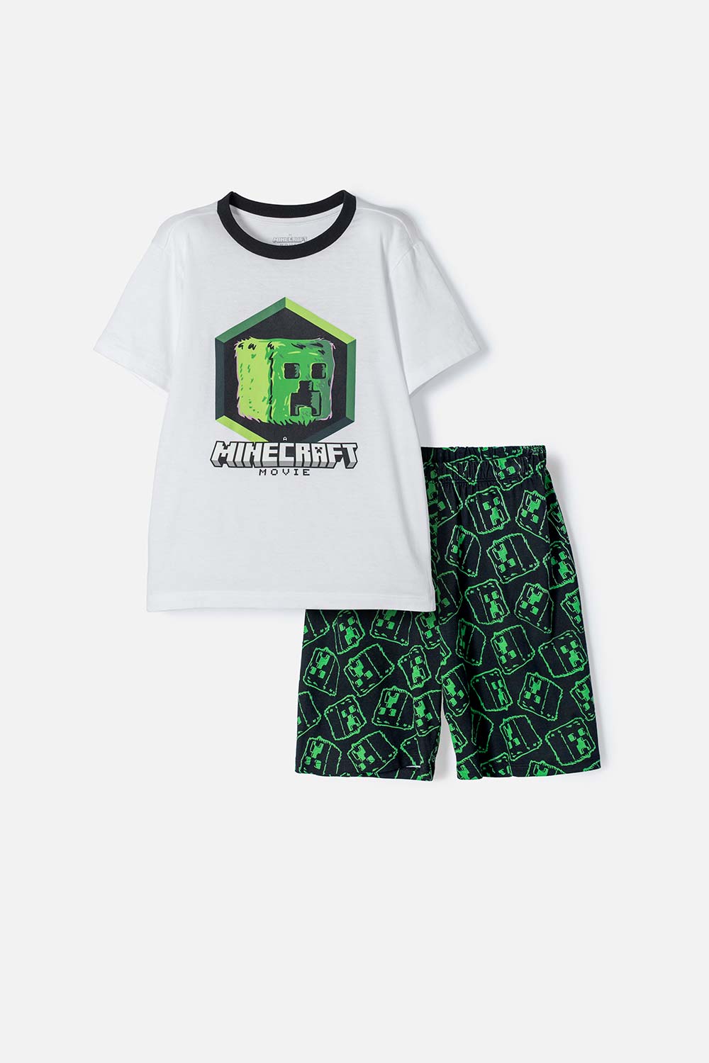 PIJAMA DE MINECRAFT BLANCA Y NEGRA DE BERMUDA PARA NIÑO