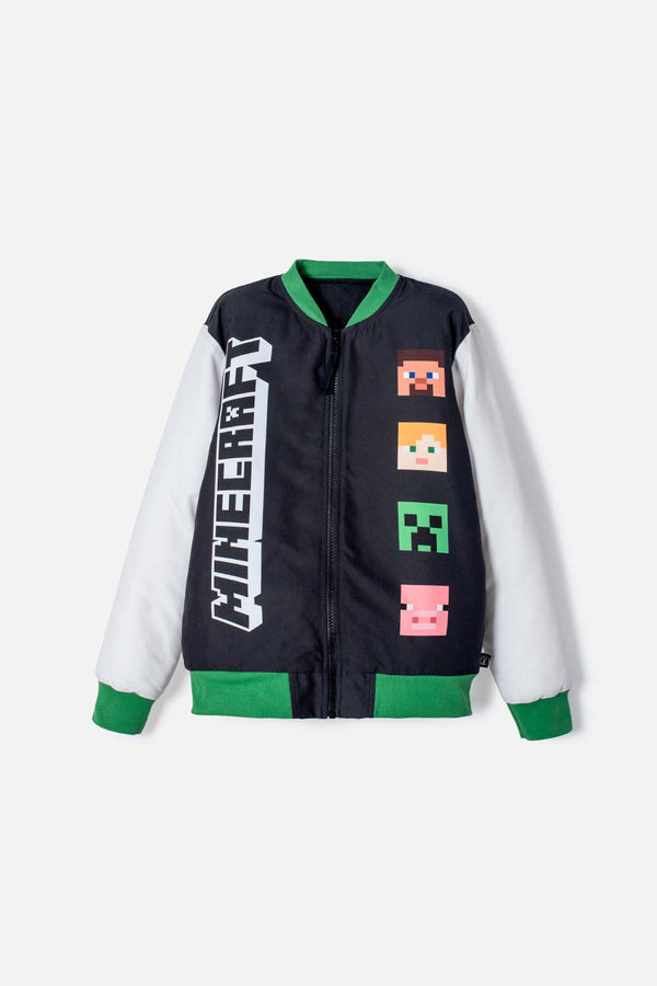 CHAQUETA DE MINECRAFT MARFIL Y NEGRA ESTAMPADA EN FRENTE PARA NIÑO