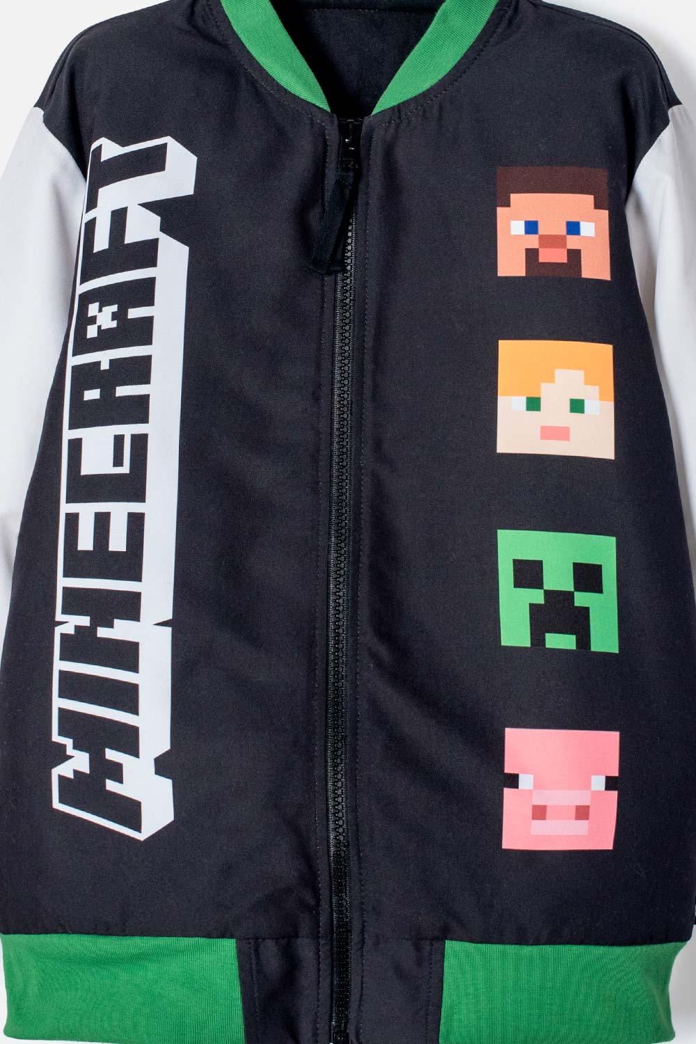 CHAQUETA DE MINECRAFT MARFIL Y NEGRA ESTAMPADA EN FRENTE PARA NIÑO