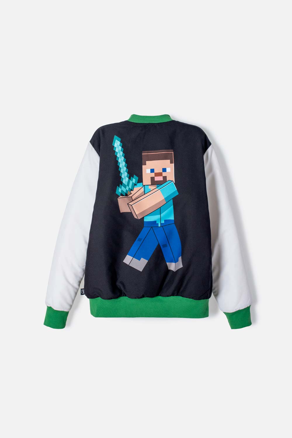 CHAQUETA DE MINECRAFT MARFIL Y NEGRA ESTAMPADA EN FRENTE PARA NIÑO