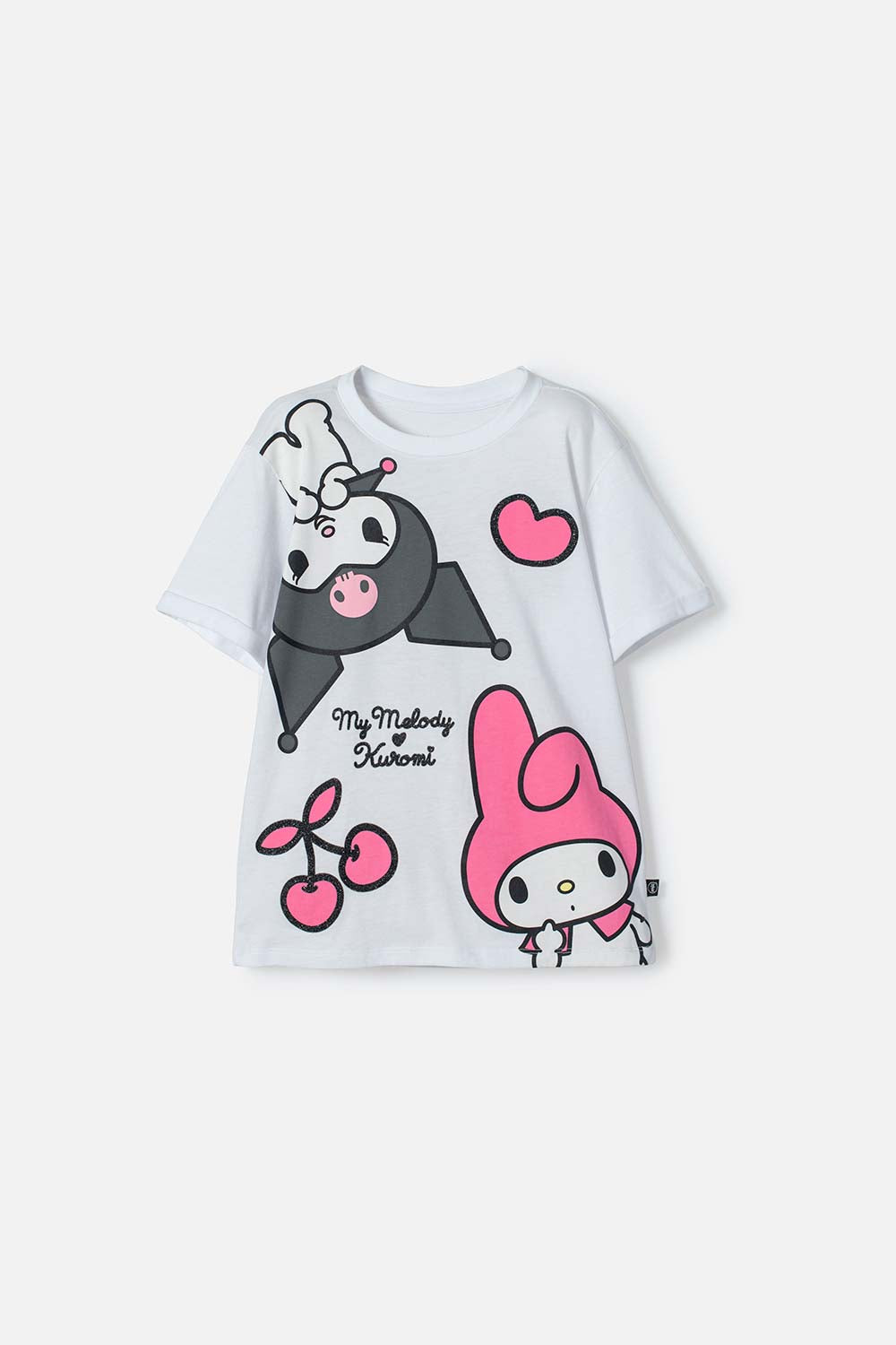 CAMISETA DE MY MELODY & KUROMI BLANCA ESTAMPADA EN FRENTE PARA NIÑA