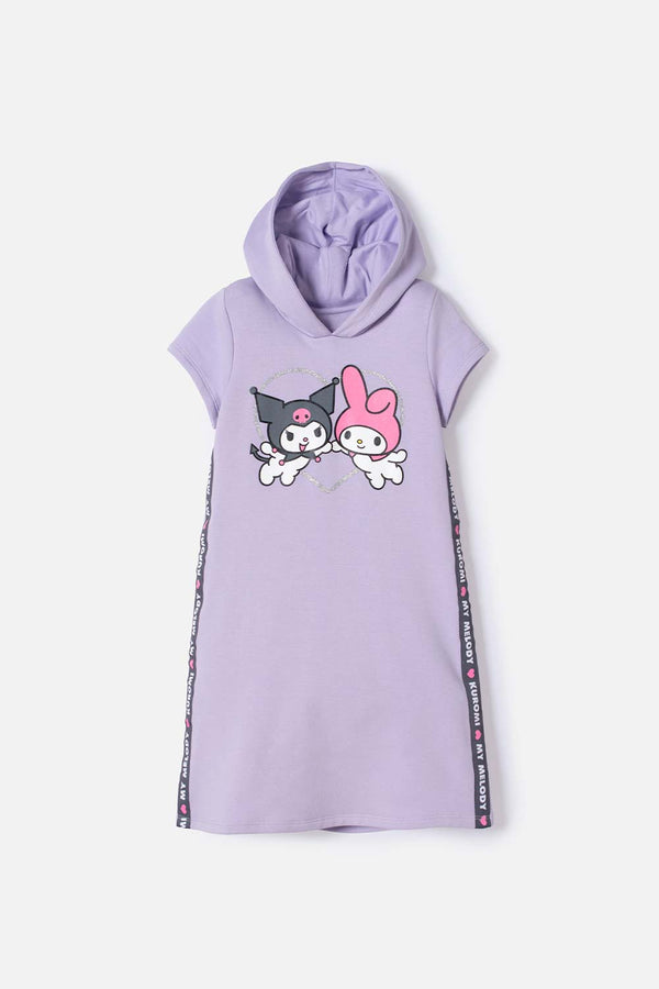 VESTIDO DE MY MELODY & KUROMI LILA CON ESTAMPADO EN FRENTE PARA NIÑA
