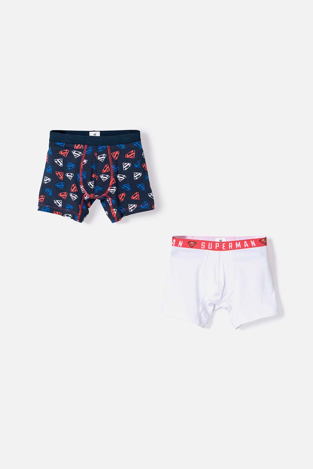 PACK X2 BOXER DE SUPERMAN AZUL, BLANCO Y ROJO ESTAMPADOS PARA NIÑO