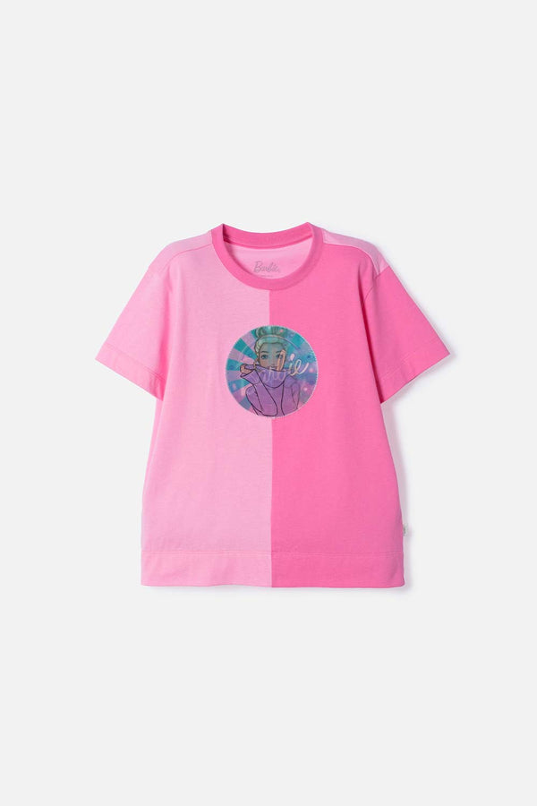 CAMISETA DE BARBIE MANGA CORTA ROSADO PARA NIÑA