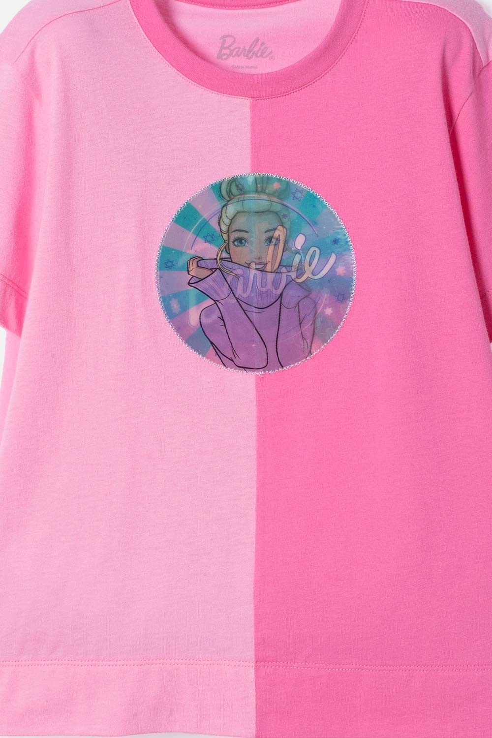 CAMISETA DE BARBIE MANGA CORTA ROSADO PARA NIÑA
