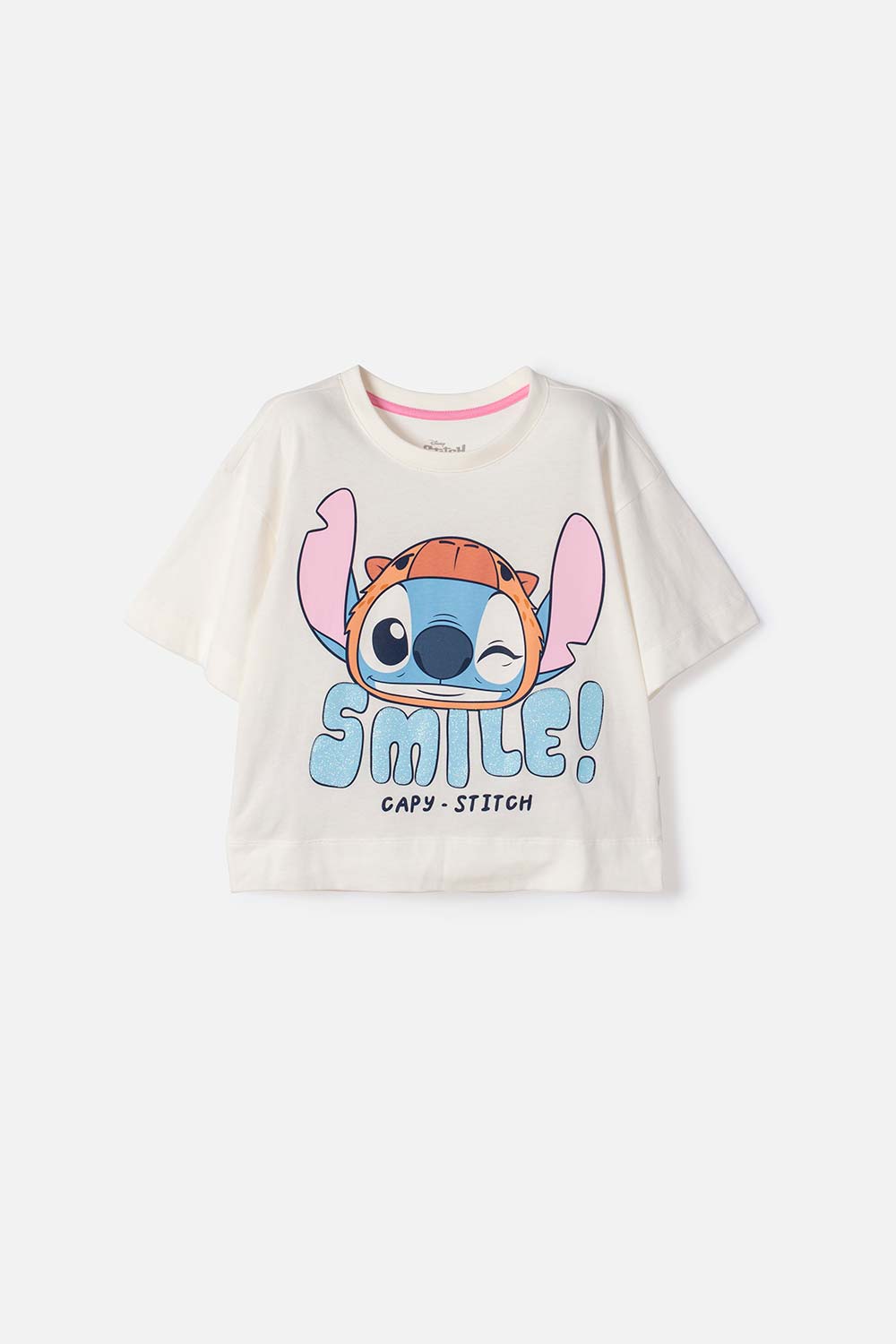 CAMISETA DE STITCH Y CAPYBARA MANGA CORTA MARFIL PARA NIÑA