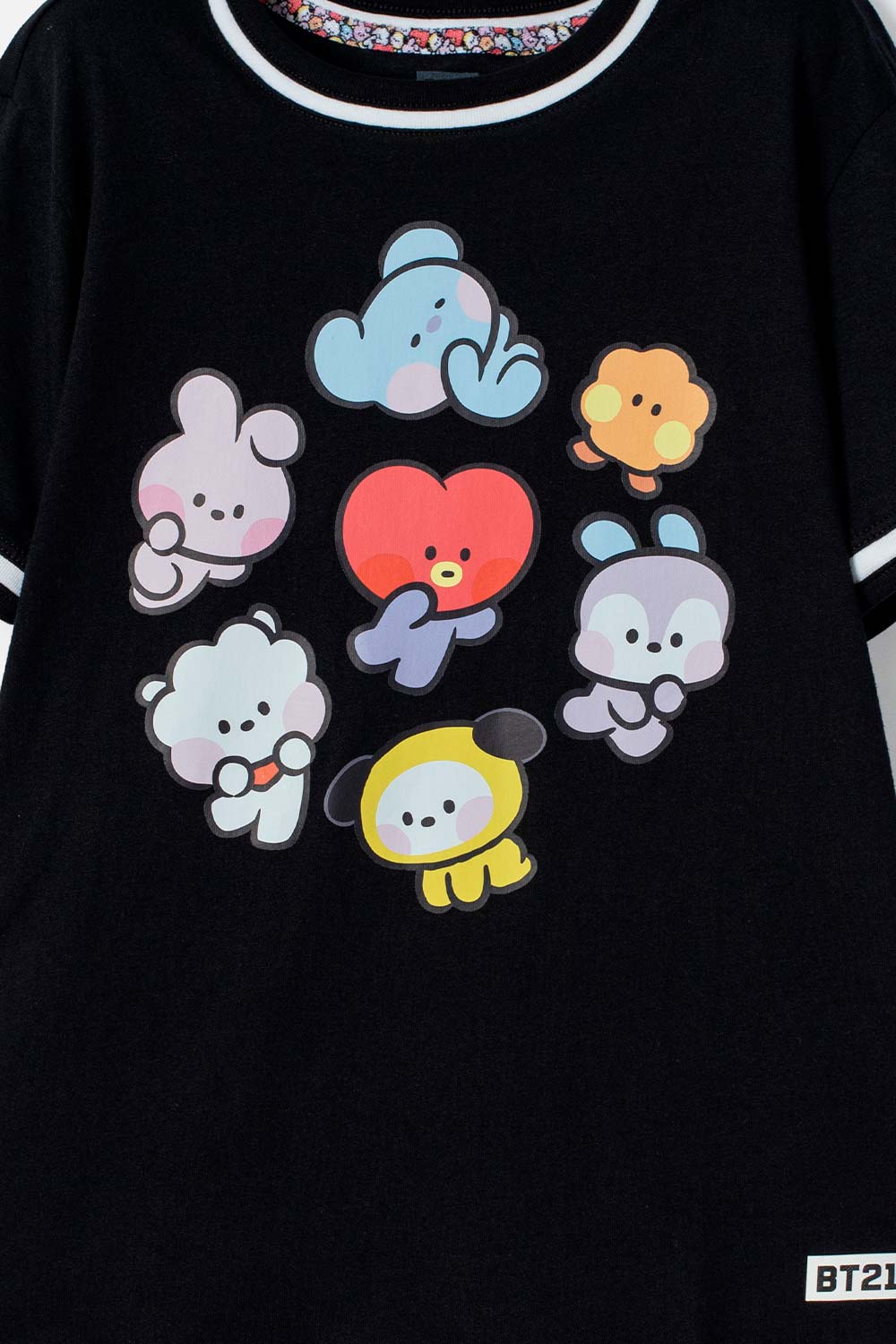 CAMISETA DE BT21 MANGA CORTA NEGRO PARA NIÑA