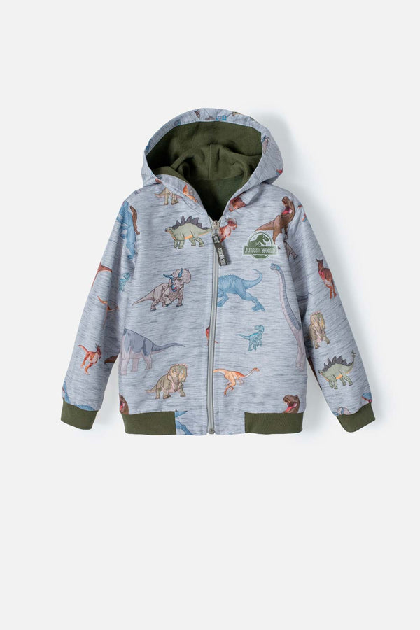 CHAQUETA DE JURASSIC WORLD CON CAPUCHA GRIS JASPE PARA NIÑO 2T A 5T