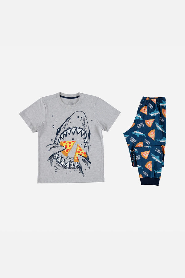 PIJAMA DE MIC CON PANTALÓN LARGO GRIS Y AZUL PARA NIÑO