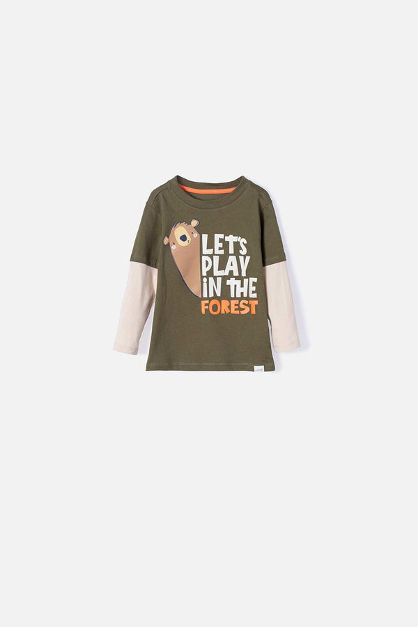 CAMISETA LITTLEMIC MANGA LARGA VERDE MILITAR Y CAQUI PARA NIÑO 2T A 5T