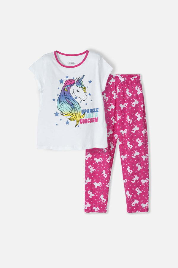 PIJAMA DE MIC CON PANTALÓN LARGO BLANCO Y FUCSIA PARA NIÑA