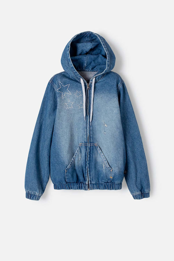 CHAQUETA MIC EN DENIM AZUL MEDIO CON APLIQUES DE ESTRELLAS PARA NIÑA