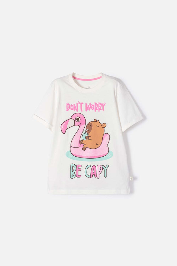 CAMISETA DE CAPYBARA MARFIL ESTAMPADA EN FRENTE PARA NIÑA