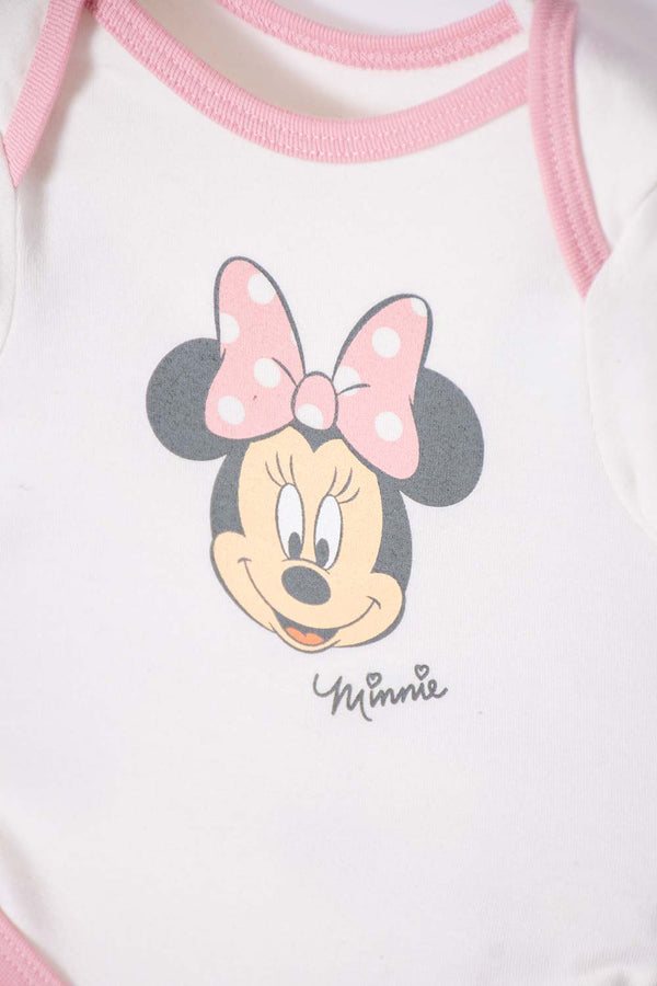SET PRIMER DÍA DE MINNIE MOUSE MARFIL Y ROSADO ESTAMPADO PARA BEBÉ NIÑA