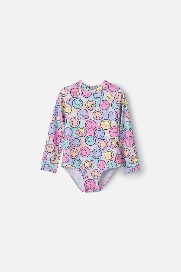 VESTIDO DE BAÑO DE SMILEY MULTICOLOR MANGA LARGA PARA NIÑA 2T A 5T