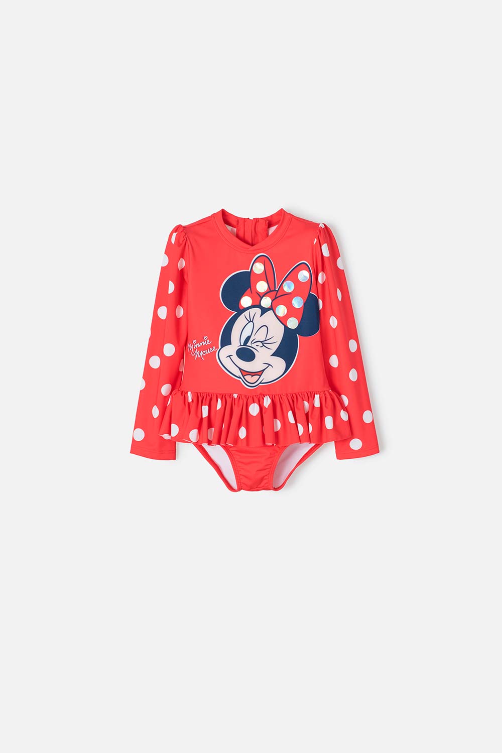 VESTIDO DE BAÑO DE MINNIE MOUSE ROJO MANGA LARGA PARA NIÑA 2T A 5T