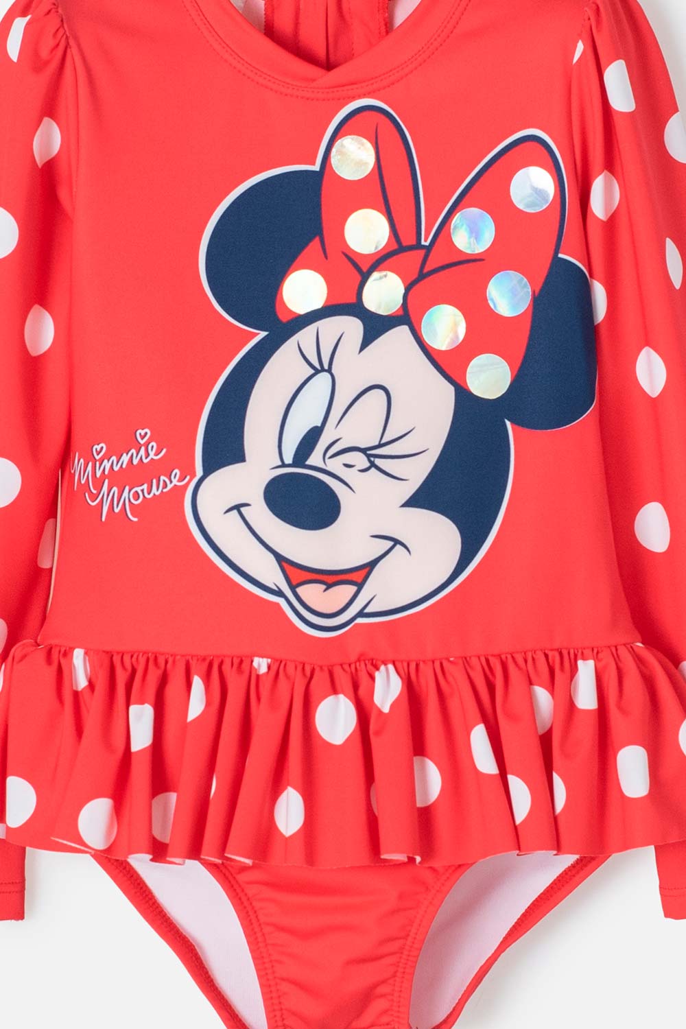 VESTIDO DE BAÑO DE MINNIE MOUSE ROJO MANGA LARGA PARA NIÑA 2T A 5T