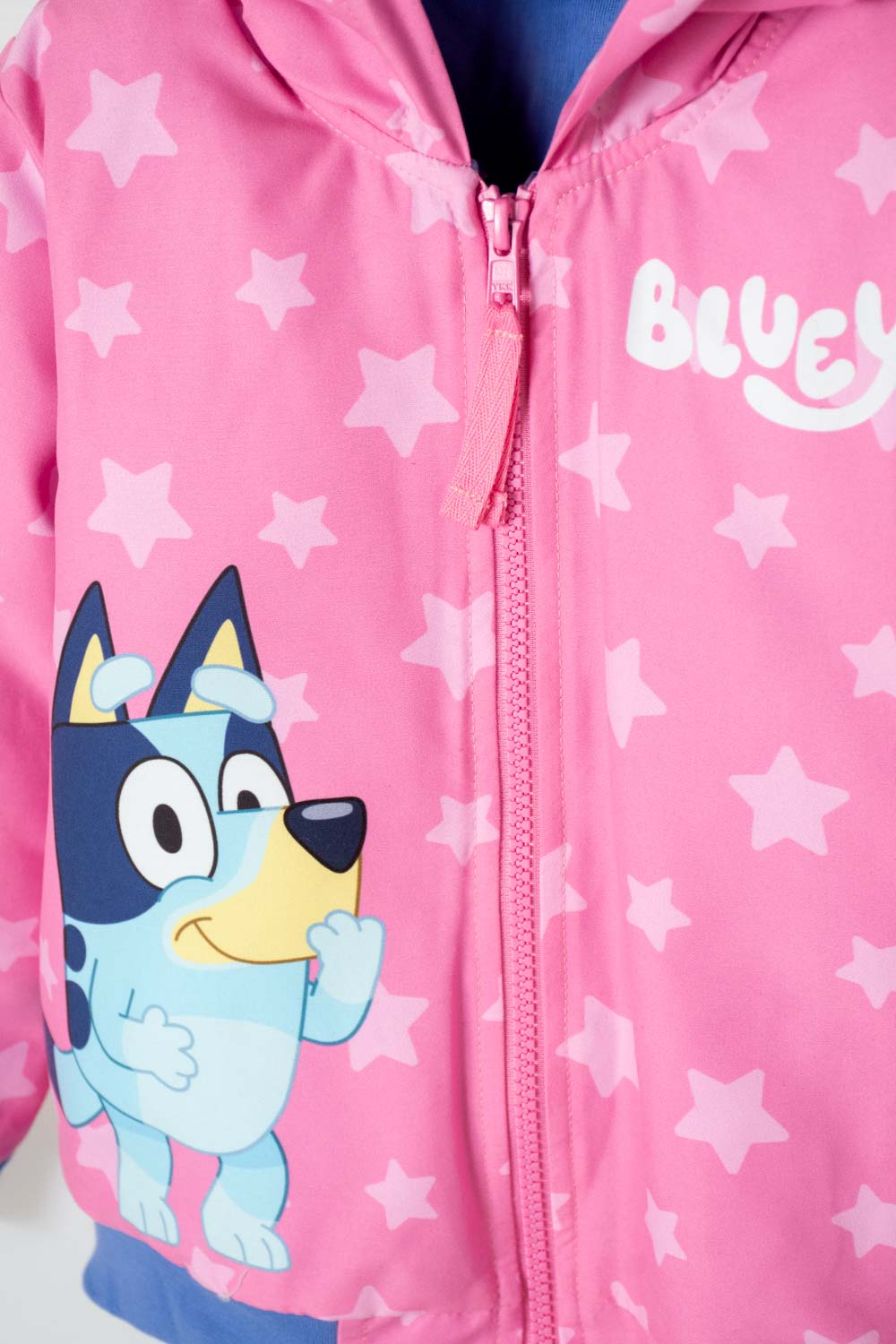 CHAQUETA DE BLUEY ROSADA Y AZUL CON CAPUCHA PARA NIÑA 2T A 6T