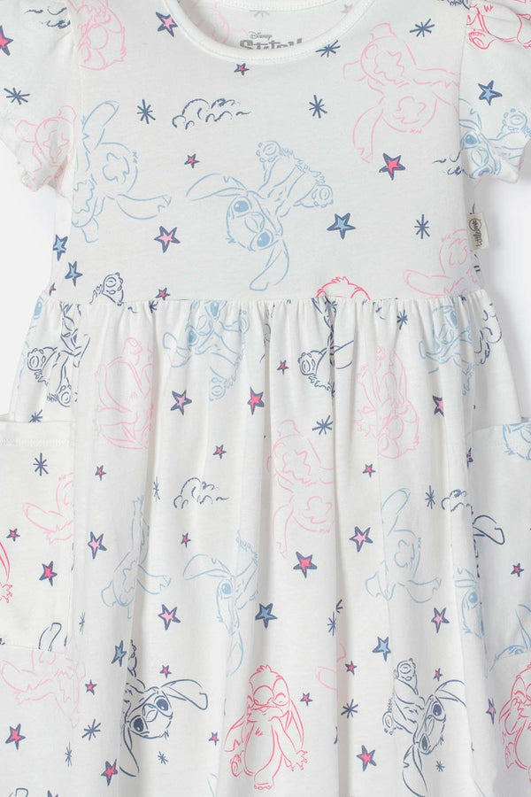 VESTIDO DE STITCH MARFIL MANGA CORTA PARA NIÑA 2T A 5T