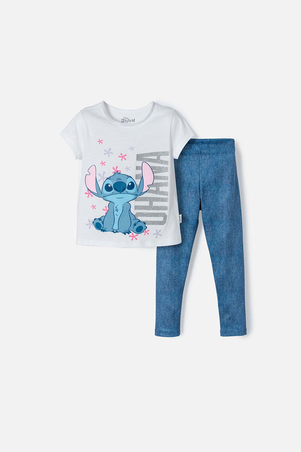 CONJUNTO DE STITCH BLANCO Y AZUL CON CAMISETA MANGA CORTA PARA NIÑA 2T A 5T