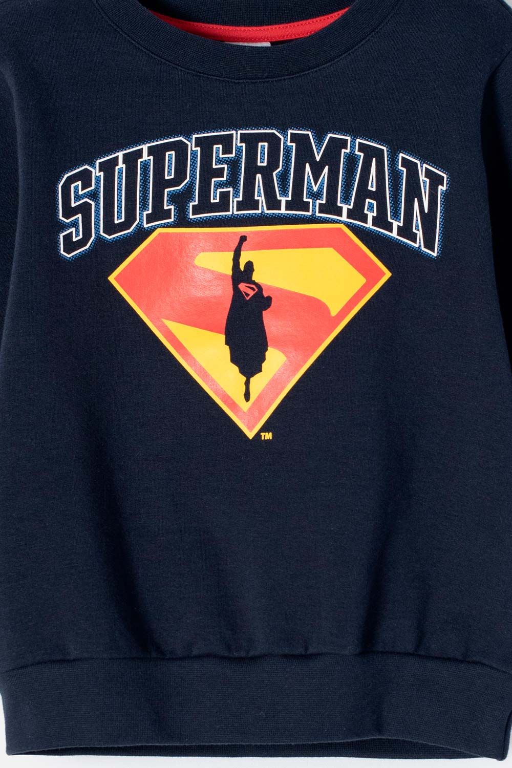 BUZO DE SUPERMAN AZUL OSCURO ESTAMPADO EN FRENTE PARA NIÑO 2T A 5T