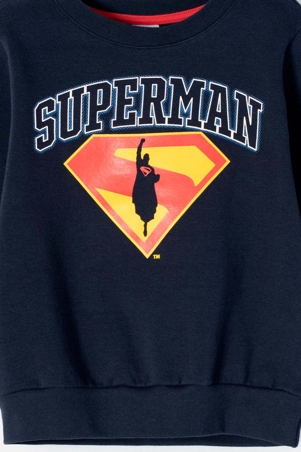 BUZO DE SUPERMAN AZUL OSCURO ESTAMPADO EN FRENTE PARA NIÑO 2T A 5T